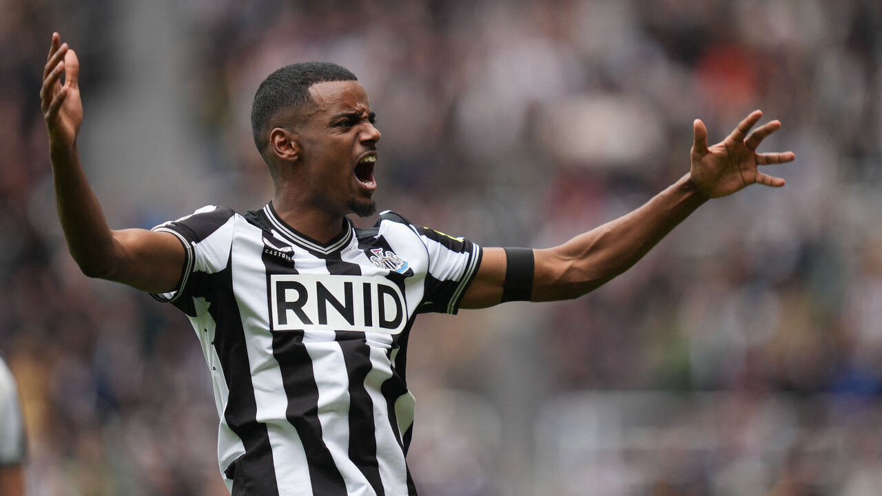 Newcastle United's Swedish striker #14 Alexander Isak celebrates after scoring their third goal during the English Premier League football match between Newcastle United and Tottenham Hotspur at St James' Park in Newcastle-upon-Tyne, north east England on April 13, 2024.
