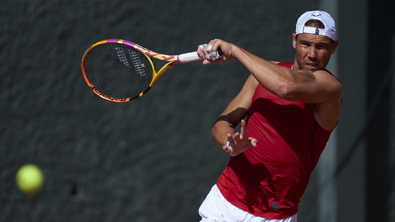 BARCELONA, SPAIN - APRIL 13: Rafael Nadal of Spain plays a forehand during training session at Barcelona Open Banc Sabadell 2024 at Real Club De Tenis Barcelona on April 13, 2024 in Barcelona, Spain.