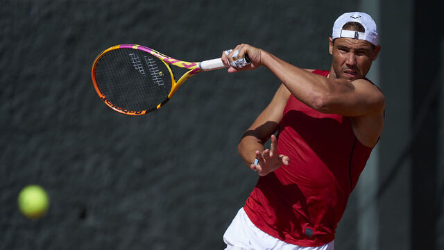 BARCELONA, SPAIN - APRIL 13: Rafael Nadal of Spain plays a forehand during training session at Barcelona Open Banc Sabadell 2024 at Real Club De Tenis Barcelona on April 13, 2024 in Barcelona, Spain.