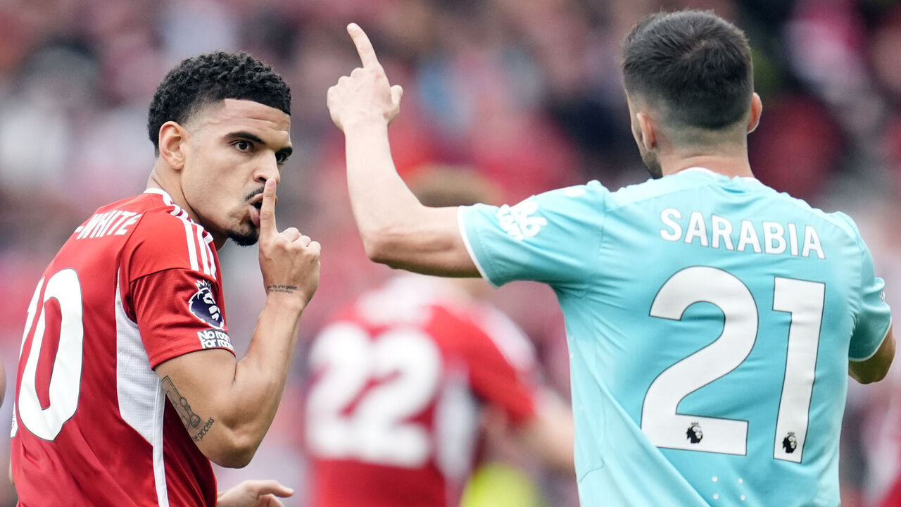 Nottingham Forest's Morgan Gibbs-White celebrates his sides first goal to level the score at 1-1 during the Premier League match at the City Ground, Nottingham. Picture date: Saturday April 13, 2024.