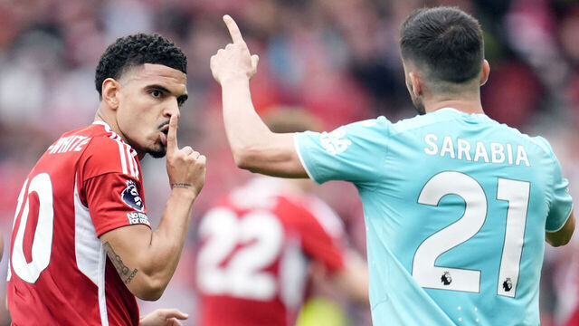 Nottingham Forest's Morgan Gibbs-White celebrates his sides first goal to level the score at 1-1 during the Premier League match at the City Ground, Nottingham. Picture date: Saturday April 13, 2024.