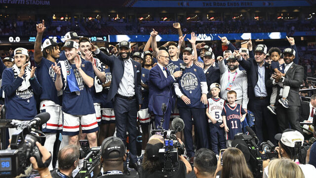 College Basketball: NCAA Final Four: UConn head coach Dan Hurley victorious as he celebrates victory vs Purdue during the NCAA Men's Basketball Tournament National Championship game at State Farm Stadium. Glendale, AZ 4/8/2024 CREDIT: Greg Nelson (Set Number: X00004 TK1)