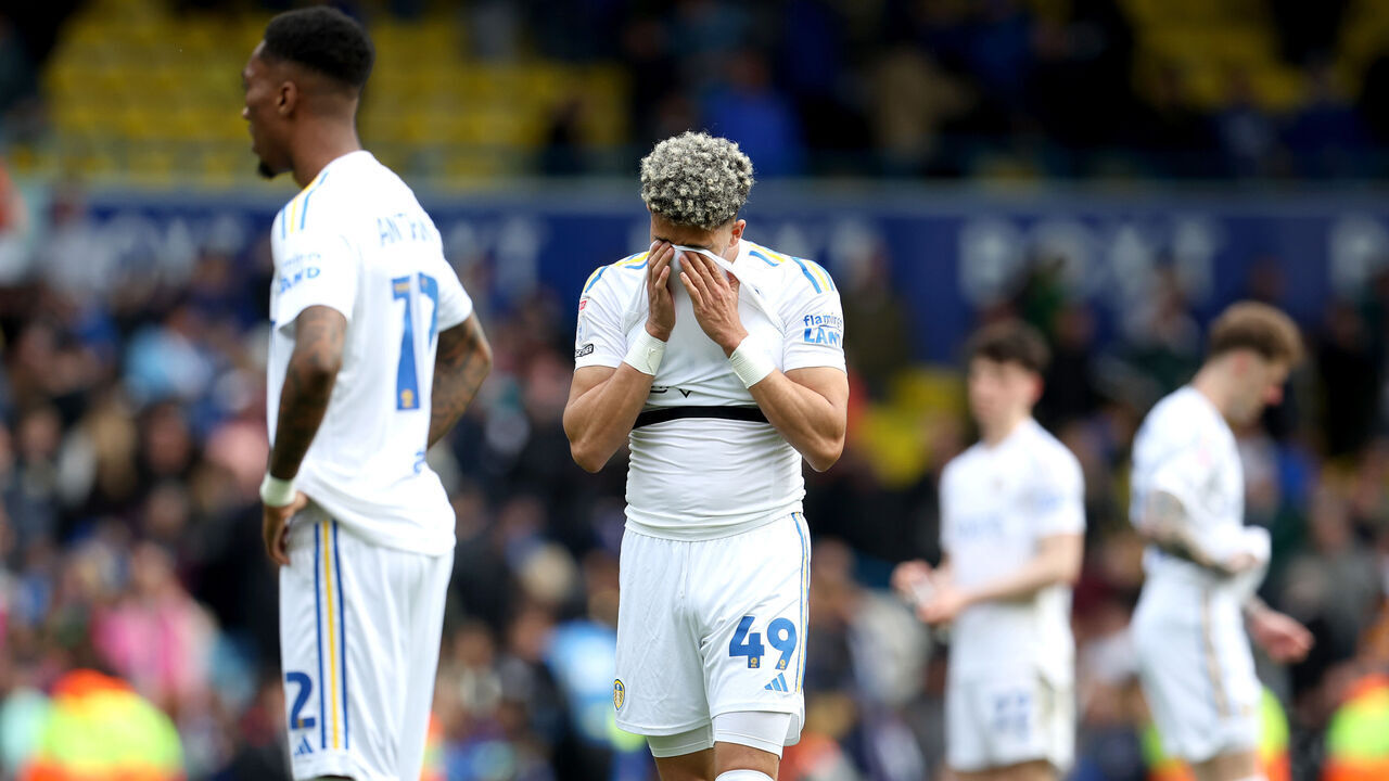 LEEDS, ENGLAND - APRIL 13: Mateo Joseph of Leeds United looks dejected after the team's defeat in the Sky Bet Championship match between Leeds United and Blackburn Rovers at Elland Road on April 13, 2024 in Leeds, England.