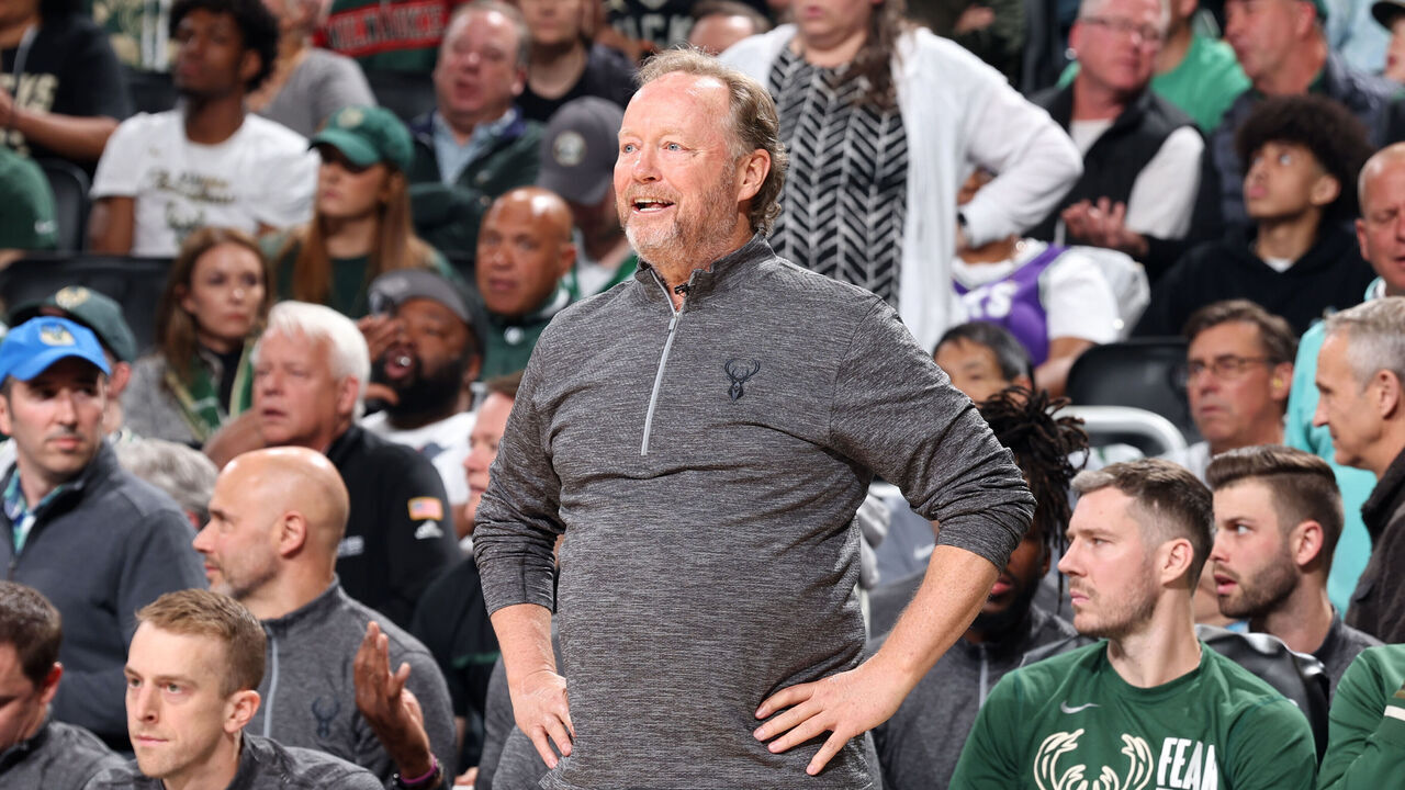 MILWAUKEE, WI - APRIL 26: Head Coach Mike Budenholzer of the Milwaukee Bucks looks on during the game against the Miami Heat during Round 1 Game 5 of the 2023 NBA Playoffs on April 26, 2023 at the Fiserv Forum Center in Milwaukee, Wisconsin. Mandatory Copyright Notice: Copyright 2023 NBAE .