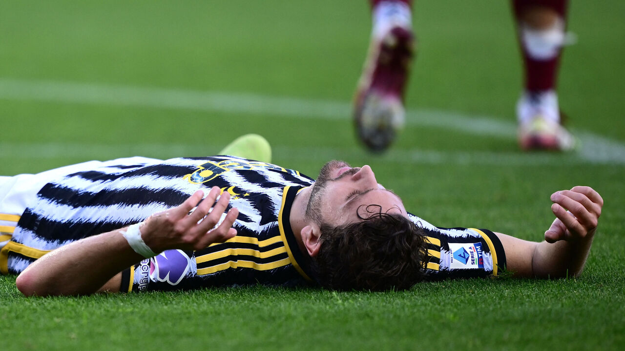 Juventus' Italian midfielder #05 Manuel Locatelli reacts during the Italian Serie A football match between Torino and Juventus at the Grande Torino Stadium in Turin on April 13, 2024.