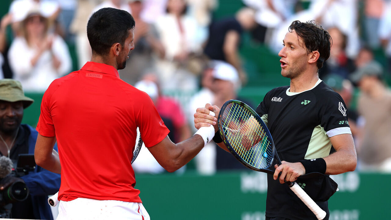 MONTE-CARLO, MONACO - APRIL 13: Casper Ruud of Norway is congratulated after his win in the semi-final match against Novak Djokovic of Serbia during day seven of the Rolex Monte-Carlo Masters at Monte-Carlo Country Club on April 13, 2024 in Monte-Carlo, Monaco.