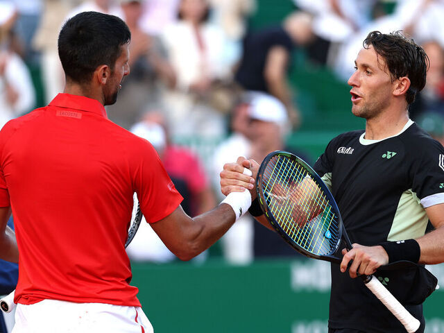 MONTE-CARLO, MONACO - APRIL 13: Casper Ruud of Norway is congratulated after his win in the semi-final match against Novak Djokovic of Serbia during day seven of the Rolex Monte-Carlo Masters at Monte-Carlo Country Club on April 13, 2024 in Monte-Carlo, Monaco.