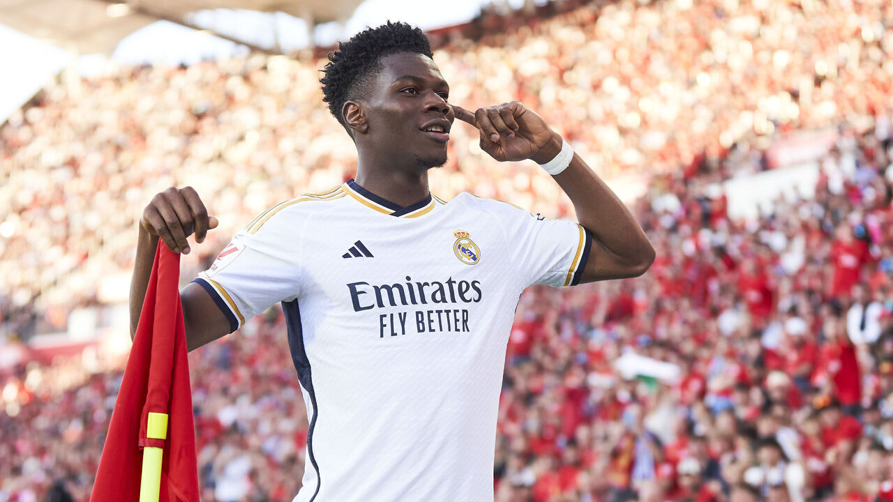 MALLORCA, SPAIN - APRIL 13: Aurelien Tchouameni of Real Madrid celebrates scoring his team's first goal during the LaLiga EA Sports match between RCD Mallorca and Real Madrid CF at Estadi de Son Moix on April 13, 2024 in Mallorca, Spain.