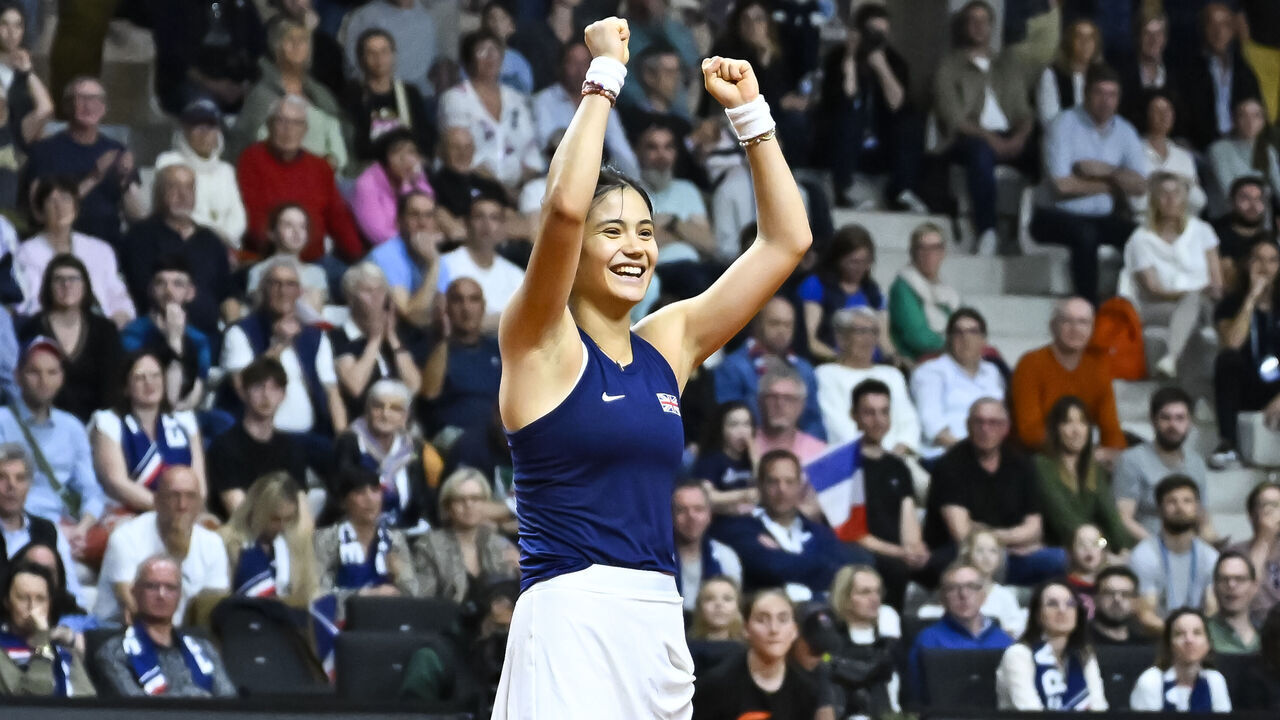 LE PORTEL, FRANCE - APRIL 13: Emma Raducanu of Great Britain celebrates after winning match against Diane Parry of France on the Billie Jean King Cup Qualifier match between France and Great Britain at Le Chaudron on April 13, 2024 in Le Portel, France.