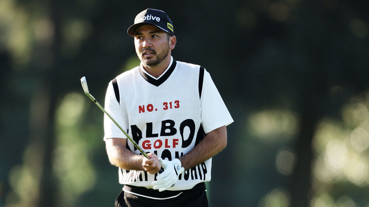 AUGUSTA, GEORGIA - APRIL 12: Jason Day of Australia prepares for a shot on the 15th hole during the continuation of the first round of the 2024 Masters Tournament at Augusta National Golf Club on April 12, 2024 in Augusta, Georgia.