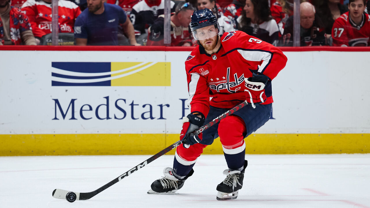 WASHINGTON, DC - MARCH 22: Nick Jensen #3 of the Washington Capitals skates with the puck against the Carolina Hurricanes during the third period of the game at Capital One Arena on March 22, 2024 in Washington, DC.