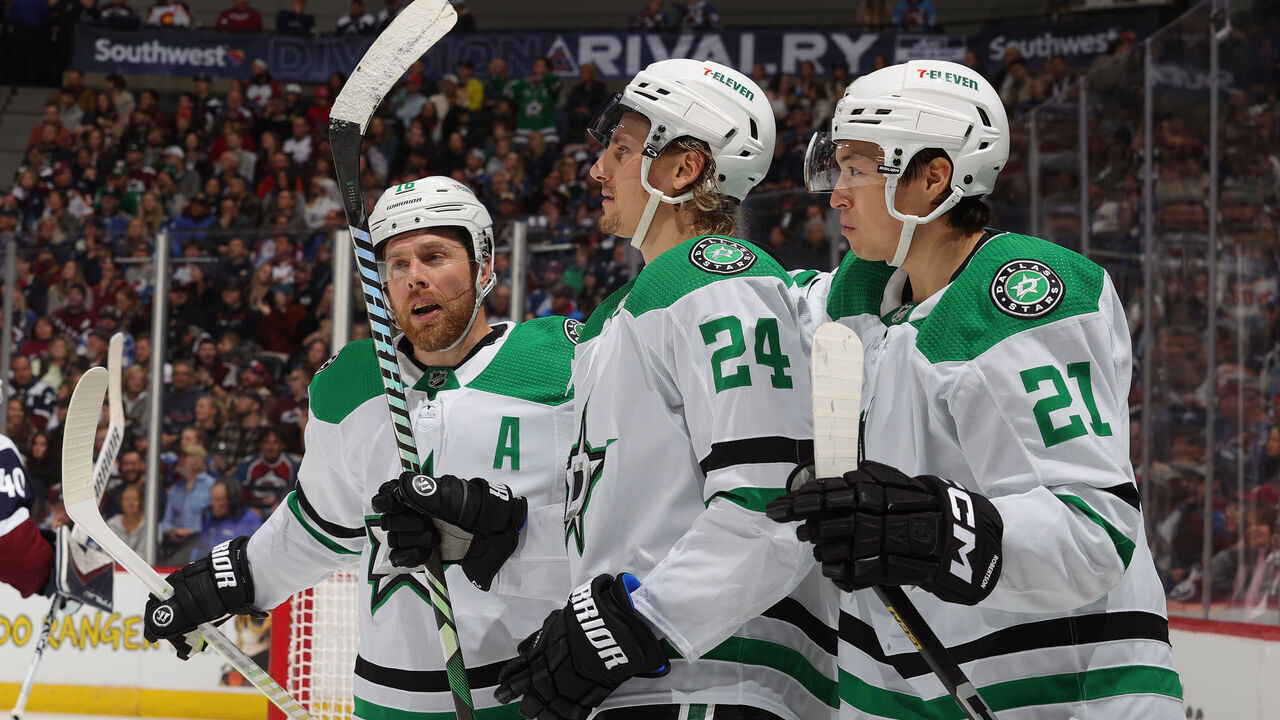 DENVER, COLORADO - APRIL 07: Joe Pavelski #16, Roope Hintz #24 and Jason Robertson #21 of the Dallas Stars celebrate a goal against the Colorado Avalanche at Ball Arena on April 7, 2024 in Denver, Colorado.