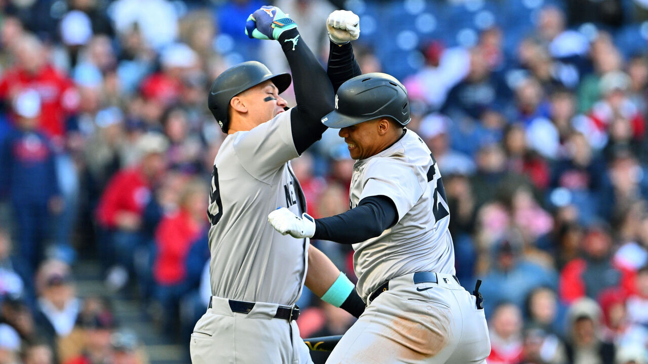 CLEVELAND, OHIO - APRIL 13: Aaron Judge #99 celebrates with Juan Soto #22 of the New York Yankees after Soto hit a three-run homer during the fourth inning of game two of a doubleheader against the Cleveland Guardians at Progressive Field on April 13, 2024, in Cleveland, Ohio.