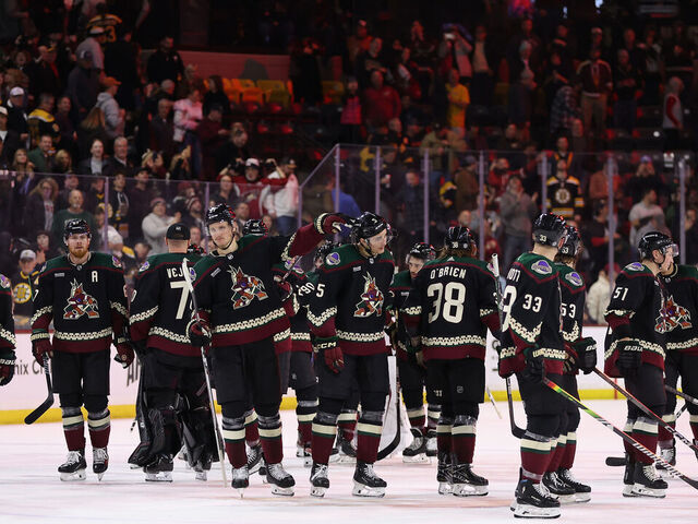 TEMPE, ARIZONA - JANUARY 09: The Arizona Coyotes salute the fans following the NHL game at Mullett Arena on January 09, 2024 in Tempe, Arizona. The Coyotes defeated the Bruins 4-3 in overtime.