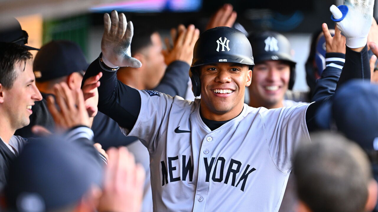 CLEVELAND, OHIO - APRIL 13: Juan Soto #22 of the New York Yankees celebrates after hitting a three-run homer during the fourth inning of game two of a doubleheader against the Cleveland Guardians at Progressive Field on April 13, 2024, in Cleveland, Ohio.