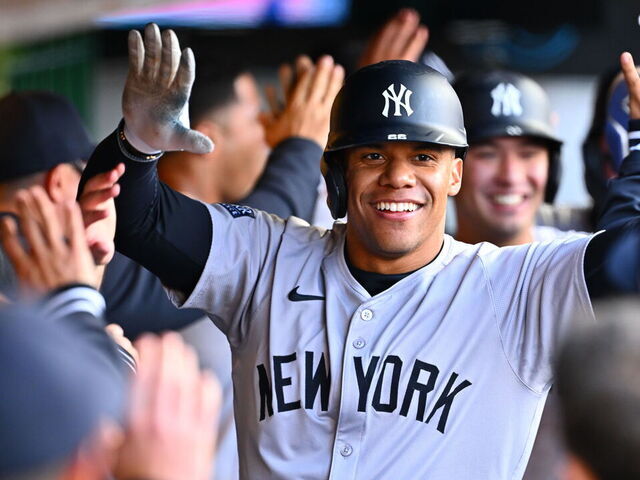 CLEVELAND, OHIO - APRIL 13: Juan Soto #22 of the New York Yankees celebrates after hitting a three-run homer during the fourth inning of game two of a doubleheader against the Cleveland Guardians at Progressive Field on April 13, 2024, in Cleveland, Ohio.