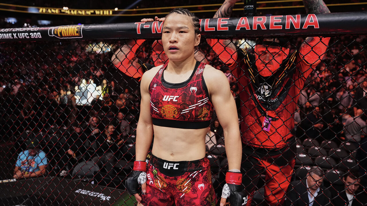LAS VEGAS, NEVADA - APRIL 13: Zhang Weili of China prepares to fight in the UFC strawweight championship fight during the UFC 300 event at T-Mobile Arena on April 13, 2024 in Las Vegas, Nevada.