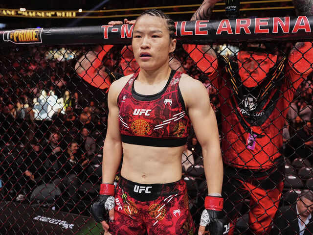 LAS VEGAS, NEVADA - APRIL 13: Zhang Weili of China prepares to fight in the UFC strawweight championship fight during the UFC 300 event at T-Mobile Arena on April 13, 2024 in Las Vegas, Nevada.