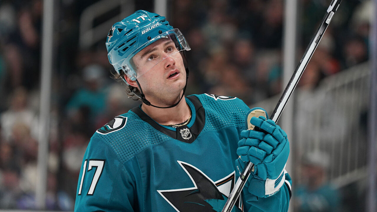 SAN JOSE, CA - APRIL 13: Thomas Bordeleau #17 of the San Jose Sharks skates off after the play in the second period against the Minnesota Wild at SAP Center on April 13, 2024 in San Jose, California.