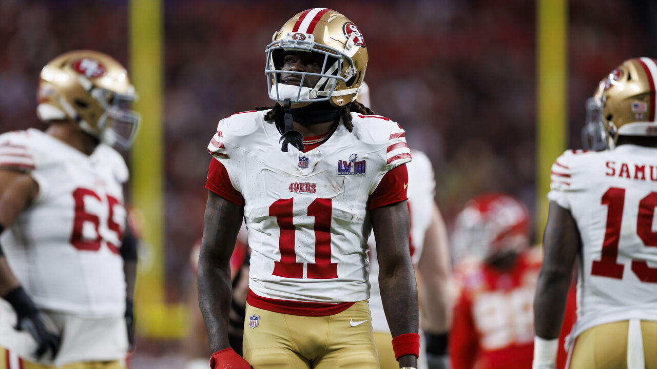 LAS VEGAS, NEVADA - FEBRUARY 11: Brandon Aiyuk #11 of the San Francisco 49ers looks on during Super Bowl LVIII against the Kansas City Chiefs at Allegiant Stadium on February 11, 2024 in Las Vegas, Nevada.