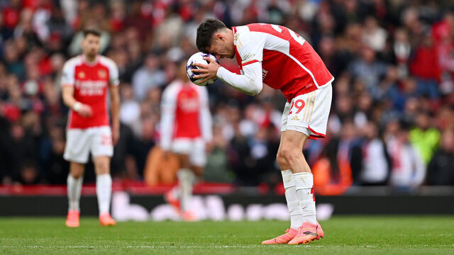 LONDON, ENGLAND - APRIL 14: Kai Havertz of Arsenal looks dejected after conceding their team's second goal which was scored by Ollie Watkins of Aston Villa (not pictured during the Premier League match between Arsenal FC and Aston Villa at Emirates Stadium on April 14, 2024 in London, England.