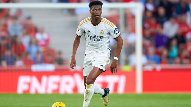 MALLORCA, SPAIN - APRIL 13: Aurelien Tchouameni of Real Madrid CF runs with the ball during the LaLiga EA Sports match between RCD Mallorca and Real Madrid CF at Estadi de Son Moix on April 13, 2024 in Mallorca, Spain.