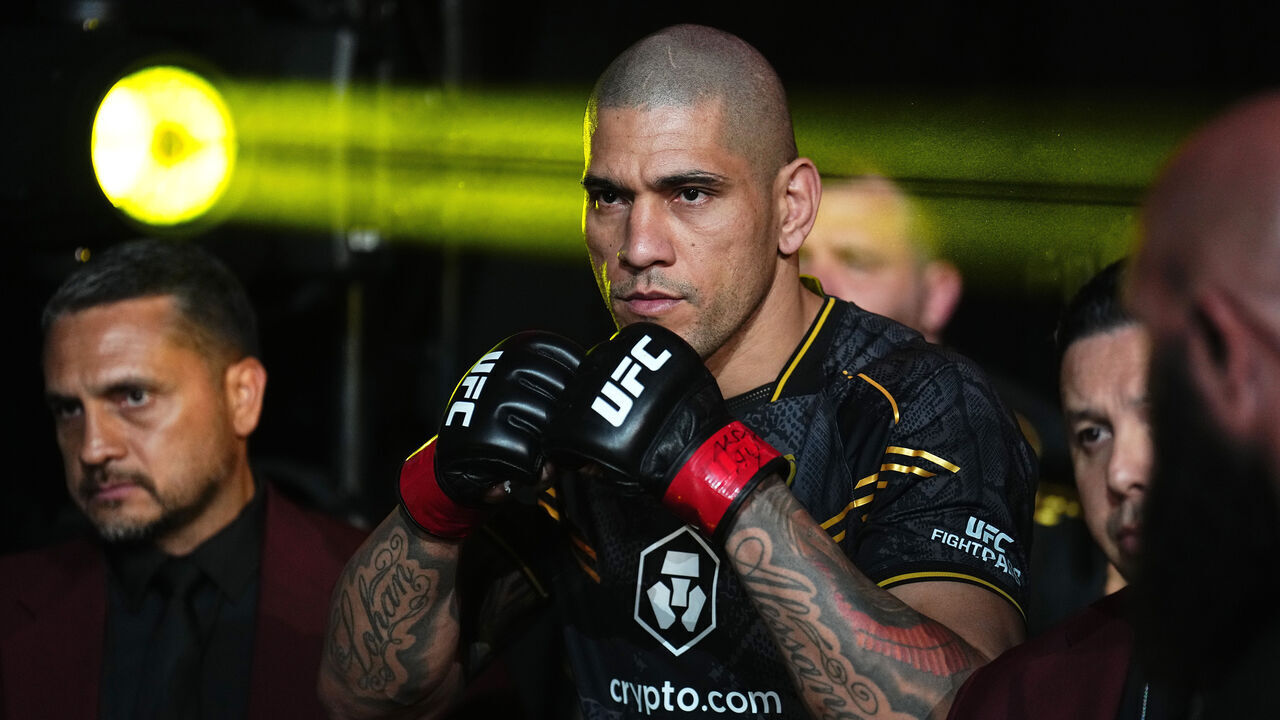 LAS VEGAS, NEVADA - APRIL 13: Alex Pereira of Brazil prepares to face Jamahal Hill in the UFC light heavyweight championship fight during the UFC 300 event at T-Mobile Arena on April 13, 2024 in Las Vegas, Nevada.