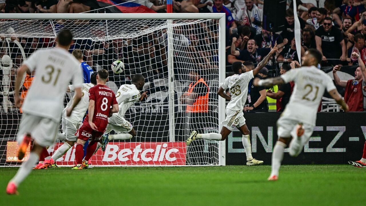Lyon's English midfielder #98 Ainsley Maitland-Niles celebrates after scoring a goal during the French L1 football match beetween Olympique Lyonnais and Stade Brestois 29 at the Groupama Stadium in Decines-Charpieu, near Lyon, on April 14, 2024.