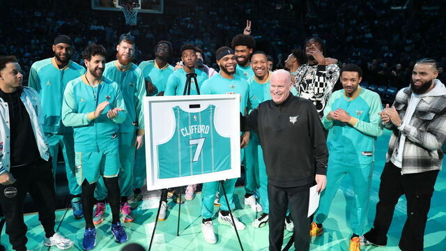 CHARLOTTE, NC - APRIL 9: Head Coach Steve Clifford of the Charlotte Hornets is honored before the game against the Dallas Mavericks on April 9, 2024 at Spectrum Center in Charlotte, North Carolina. Mandatory Copyright Notice: Copyright 2024 NBAE