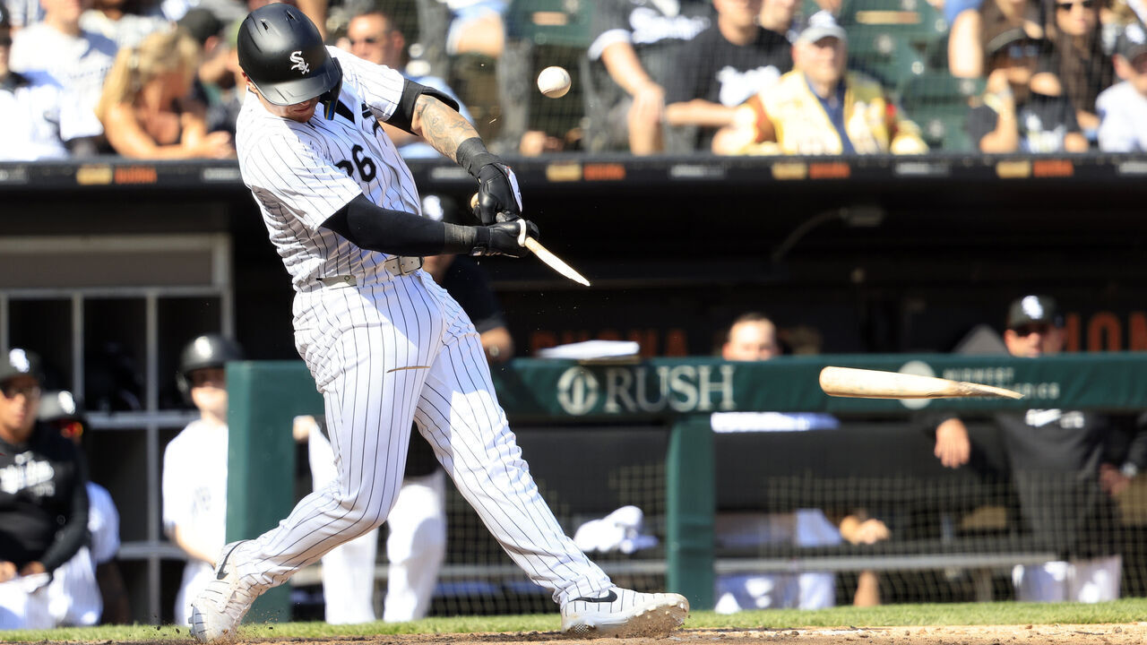 CHICAGO, ILLINOIS - APRIL 14: Korey Lee #26 of the Chicago White Sox breaks his bat as he grounds out during the seventh inning in the game against the Cincinnati Reds at Guaranteed Rate Field on April 14, 2024 in Chicago, Illinois.