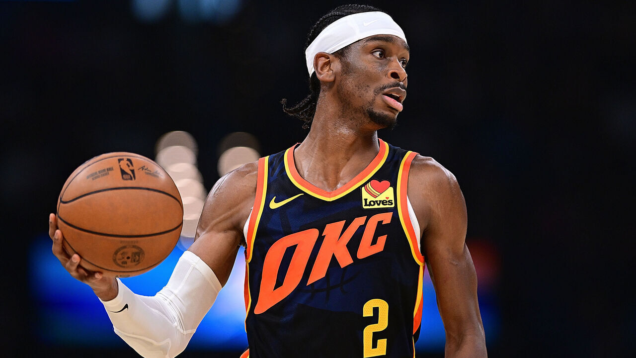 OKLAHOMA CITY, OKLAHOMA - APRIL 14: Shai Gilgeous-Alexander #2 of the Oklahoma City Thunder handles the ball during the first half against the Dallas Mavericks at Paycom Center on April 14, 2024 in Oklahoma City, Oklahoma.
