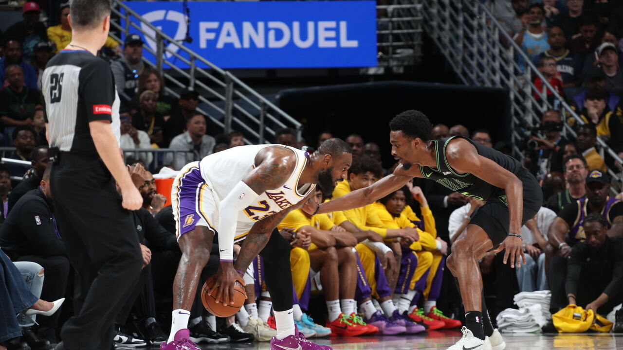 NEW ORLEANS, LA - APRIL 14: LeBron James #23 of the Los Angeles Lakers handles the ball during the game against the New Orleans Pelicans on April 14, 2024 at the Smoothie King Center in New Orleans, Louisiana. Mandatory Copyright Notice: Copyright 2024 NBAE