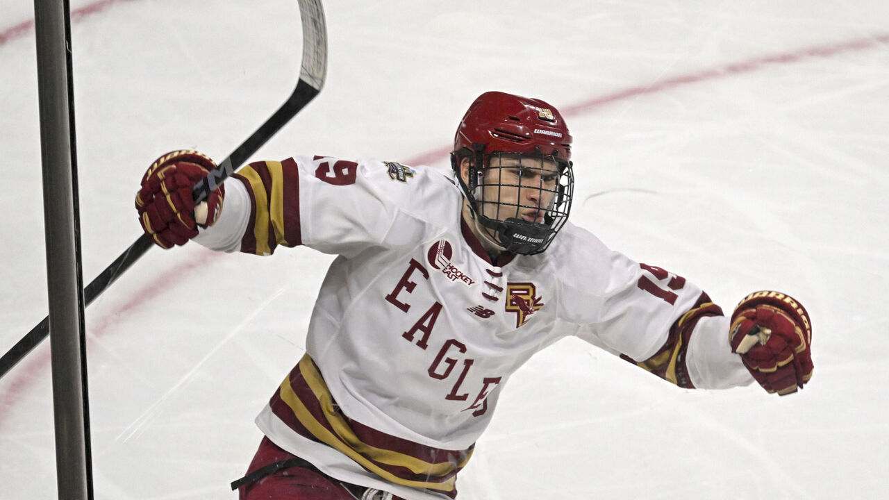 ST. PAUL, MN - APRIL 11: Boston College Eagles forward Cutter Gauthier (19) celebrates his goal during the second period of a Division I Mens Ice Hockey Semifinal between the Boston College Eagles and Michigan Wolverines on April 11, 2024 at the Xcel Energy Center in St. Paul, MN.