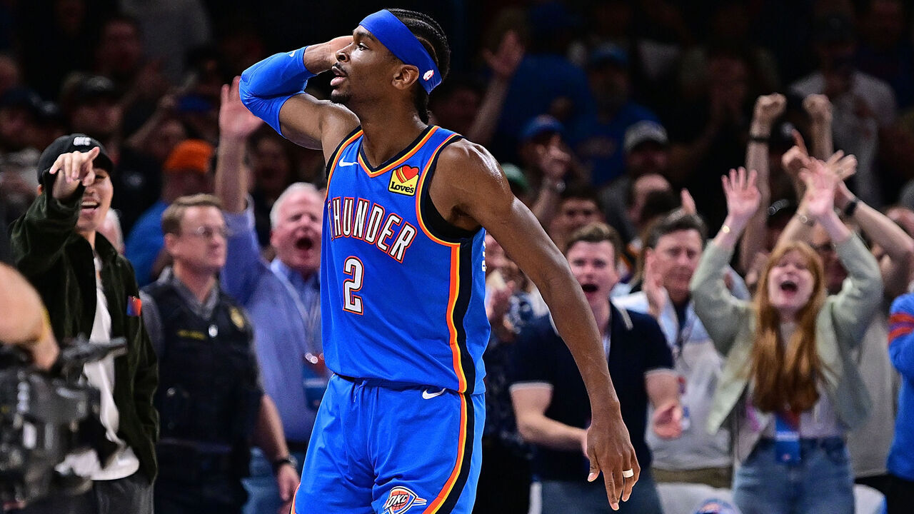 OKLAHOMA CITY, OKLAHOMA - APRIL 9: Shai Gilgeous-Alexander #2 of the Oklahoma City Thunder celebrates with fans after a win against the Sacramento Kings at Paycom Center on April 9, 2024 in Oklahoma City, Oklahoma.