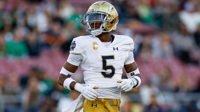 STANFORD, CALIFORNIA - NOVEMBER 25: Cam Hart #5 of the Notre Dame Fighting Irish takes part in warm ups prior to a game against the Stanford Cardinal at Stanford Stadium on November 25, 2023 in Stanford, California.