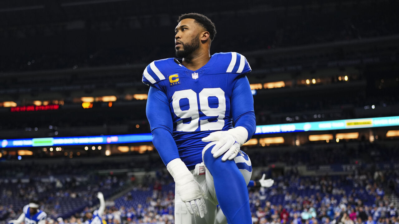 INDIANAPOLIS, IN - JANUARY 06: DeForest Buckner #99 of the Indianapolis Colts warms up prior to an NFL football game against the Houston Texans at Lucas Oil Stadium on January 6, 2024 in Indianapolis, Indiana.