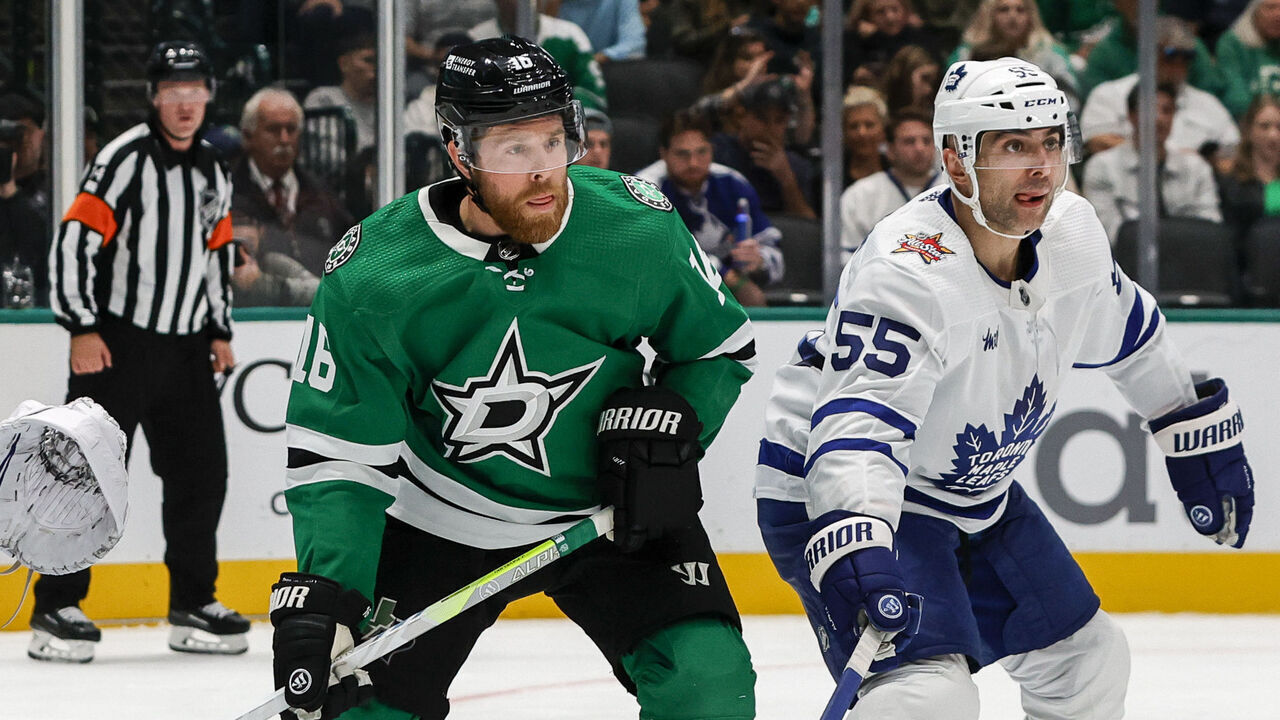 DALLAS, TX - OCTOBER 26: Toronto Maple Leafs defenseman Mark Giordano (55) and Dallas Stars center Joe Pavelski (16) set up in front of Toronto Maple Leafs goaltender Joseph Woll (60) during the game between the Dallas Stars and the Toronto Maple Leafs on October 26, 2023 at American Airlines Center in Dallas, Texas.