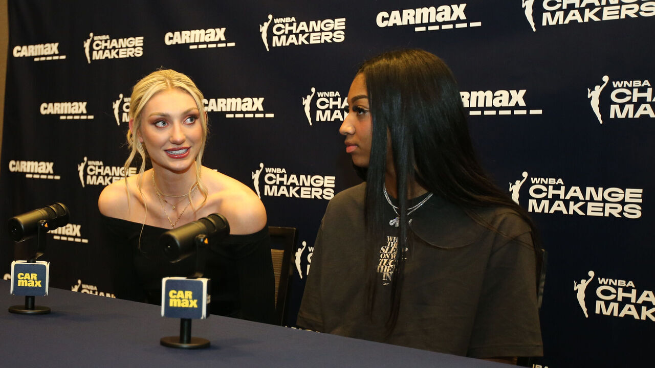 NEW YORK, NY - APRIL 14: Cameron Brink and Angel Reese attend the CarMax Player Media Session at the player hotel during the 2024 WNBA Draft on April 14, 2024 in New York, New York. Mandatory Copyright Notice: Copyright 2024 NBAE