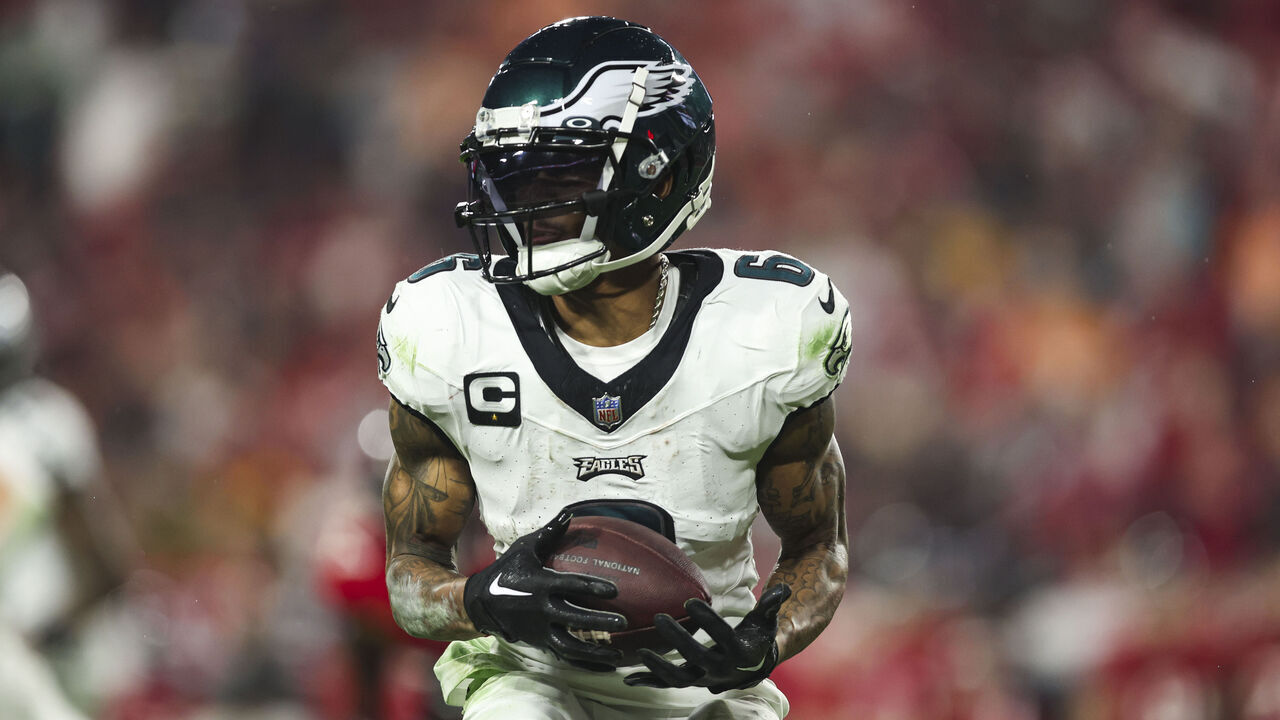TAMPA, FL - JANUARY 15: DeVonta Smith #6 of the Philadelphia Eagles runs the ball during an NFL Wild Card playoff football game against the Tampa Bay Buccaneers at Raymond James Stadium on January 15, 2024 in Tampa, Florida.