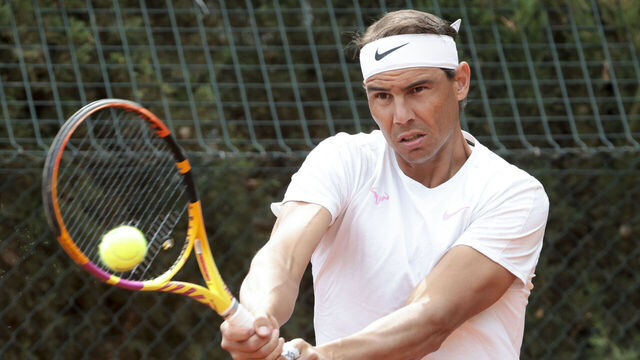 BARCELONA, SPAIN - APRIL 15: Rafael Nadal of Spain practicing on day 1 of the Barcelona Open Banc Sabadell 2024, 71º Trofeo Conde de Godo at Real Club De Tenis Barcelona 1899 (RCTB) on April 15, 2024 in Barcelona, Spain.