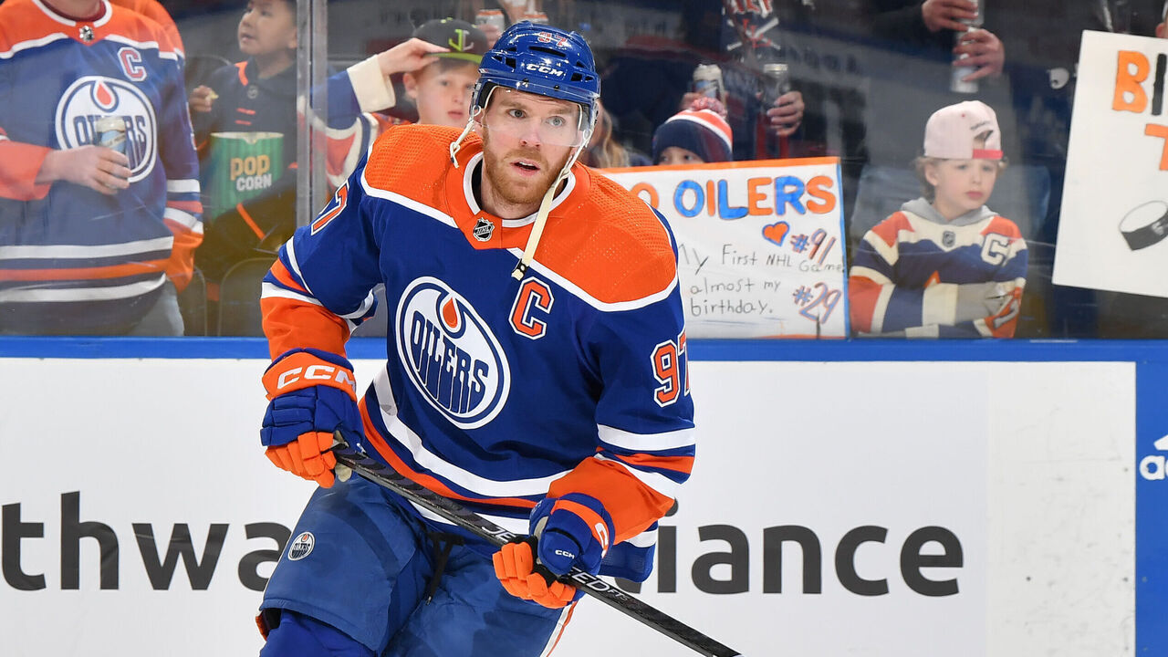 EDMONTON, CANADA - APRIL 5: Connor McDavid #97 of the Edmonton Oilers warms up before the game against the Colorado Avalanche at Rogers Place on April 5, 2024, in Edmonton, Alberta, Canada.