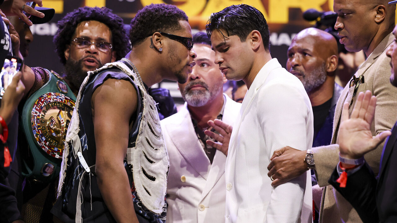 LOS ANGELES, CALIFORNIA - FEBRUARY 29: Devin Haney and Ryan Garcia face off during the Ryan Garcia v Devin Haney press tour at Avalon Hollywood & Bardot on February 29, 2024 in Los Angeles, California.