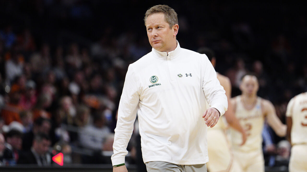 CHARLOTTE, NORTH CAROLINA - MARCH 21: Head coach Niko Medved of the Colorado State Rams looks on during the first half against the Texas Longhorns in the first round of the NCAA Men's Basketball Tournament at Spectrum Center on March 21, 2024 in Charlotte, North Carolina.