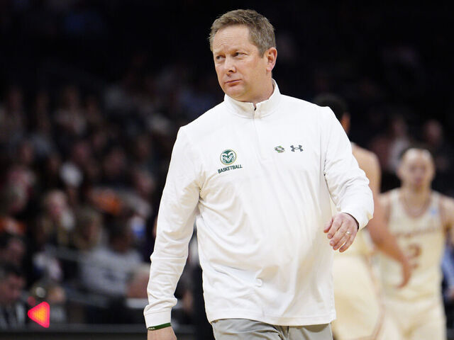 CHARLOTTE, NORTH CAROLINA - MARCH 21: Head coach Niko Medved of the Colorado State Rams looks on during the first half against the Texas Longhorns in the first round of the NCAA Men's Basketball Tournament at Spectrum Center on March 21, 2024 in Charlotte, North Carolina.