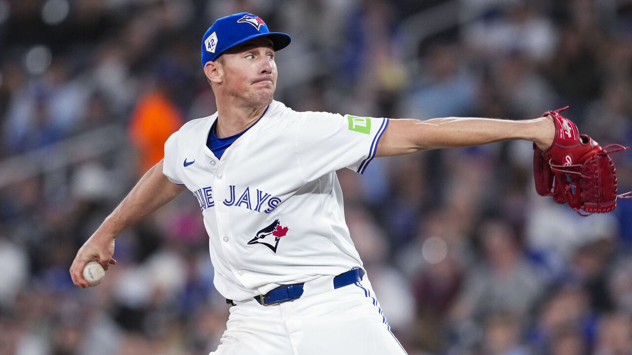 TORONTO, ON - APRIL 15: Chris Bassitt #40 of the Toronto Blue Jays pitches to the New York Yankees during the seventh inning in their MLB game at the Rogers Centre on April 15, 2024 in Toronto, Ontario, Canada. All players are wearing the number 42 in honor of Jackie Robinson Day.