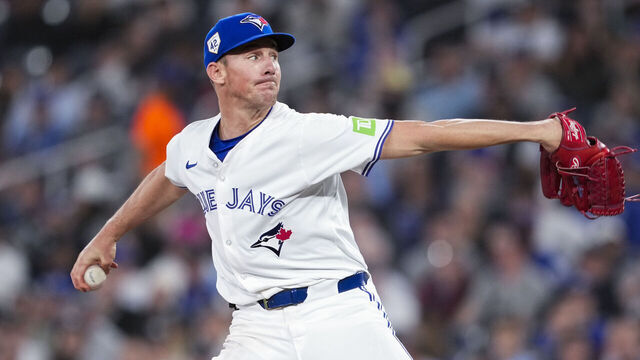 TORONTO, ON - APRIL 15: Chris Bassitt #40 of the Toronto Blue Jays pitches to the New York Yankees during the seventh inning in their MLB game at the Rogers Centre on April 15, 2024 in Toronto, Ontario, Canada. All players are wearing the number 42 in honor of Jackie Robinson Day.