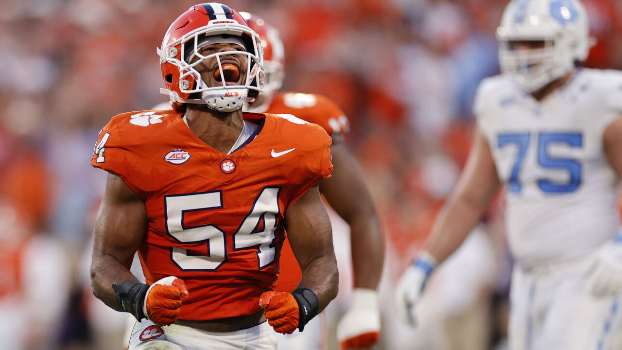 CLEMSON, SC - NOVEMBER 18: Clemson Tigers linebacker Jeremiah Trotter Jr. (54) reacts after making a tackle on defense during a college football game against the North Carolina Tar Heels on November 18, 2023 at Memorial Stadium in Clemson, South Carolina.