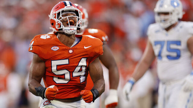 CLEMSON, SC - NOVEMBER 18: Clemson Tigers linebacker Jeremiah Trotter Jr. (54) reacts after making a tackle on defense during a college football game against the North Carolina Tar Heels on November 18, 2023 at Memorial Stadium in Clemson, South Carolina.