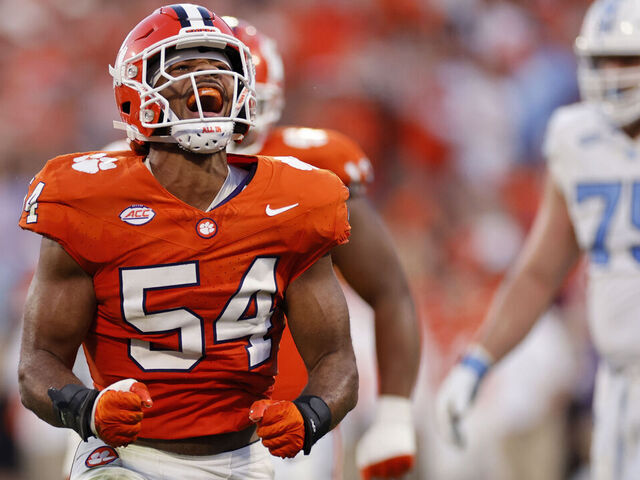CLEMSON, SC - NOVEMBER 18: Clemson Tigers linebacker Jeremiah Trotter Jr. (54) reacts after making a tackle on defense during a college football game against the North Carolina Tar Heels on November 18, 2023 at Memorial Stadium in Clemson, South Carolina.