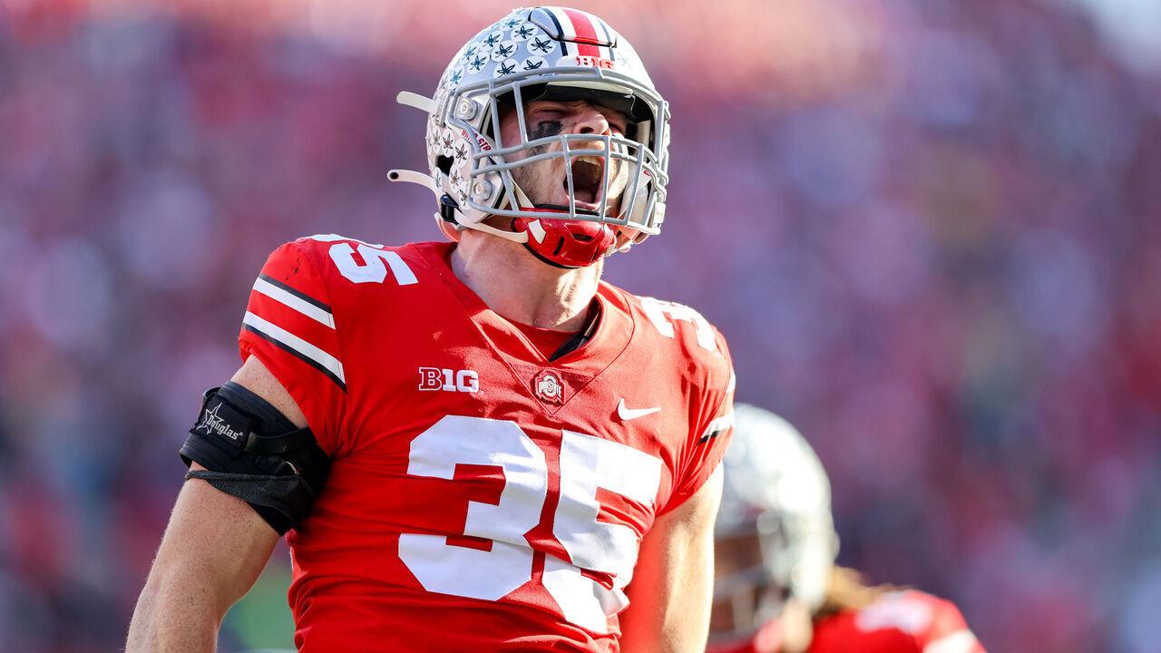 COLUMBUS, OH - NOVEMBER 26: Ohio State Buckeyes linebacker Tommy Eichenberg (35) celebrates after making a tackle during the third quarter of the college football game between the Michigan Wolverines and Ohio State Buckeyes on November 26, 2022, at Ohio Stadium in Columbus, OH.